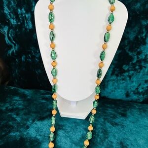 Green and Gold Beaded Long Necklace - Women Jewelry